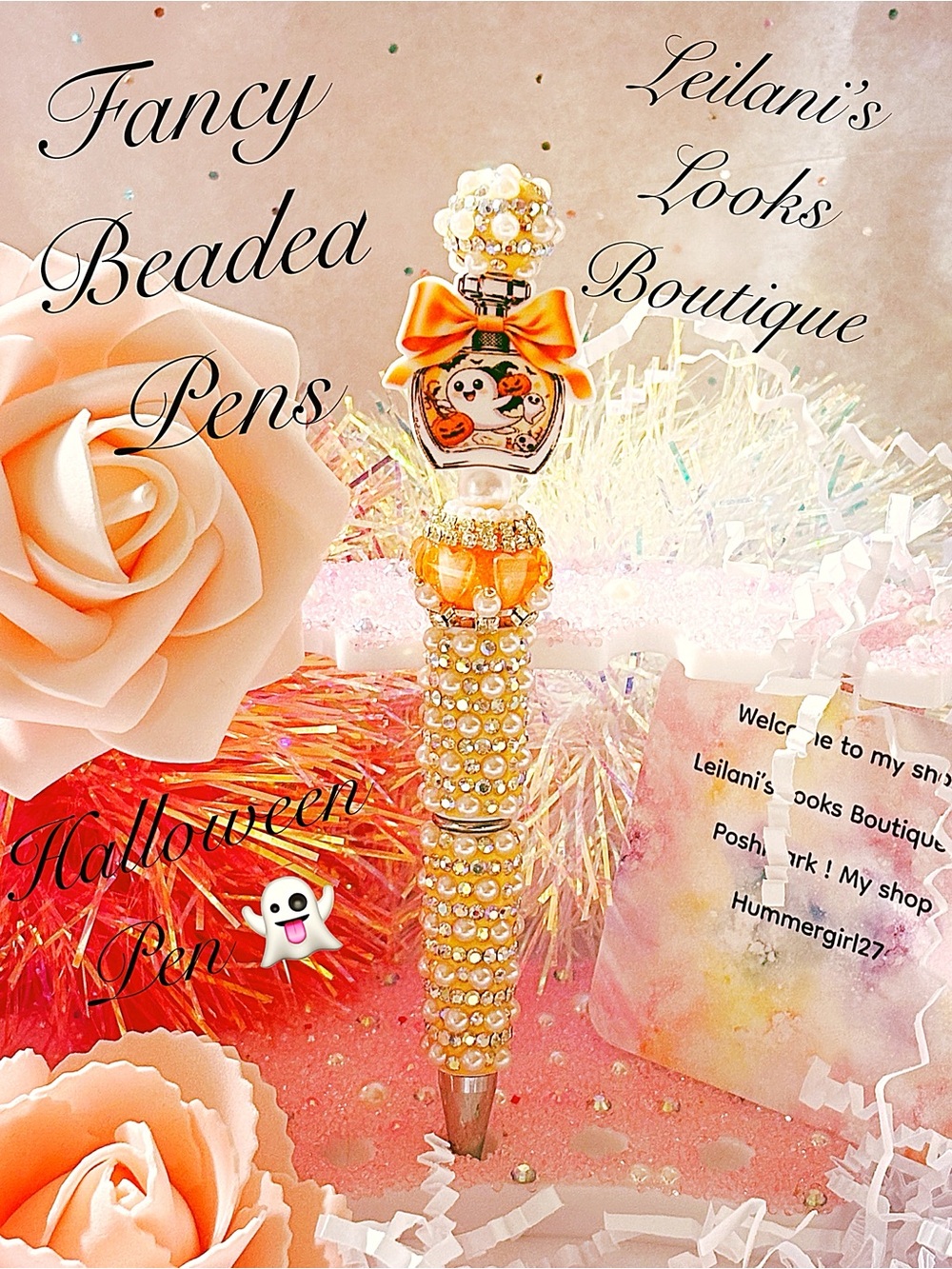 Gold Beaded Halloween Pen/Halloween pen with orange bow and beaded design